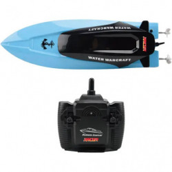 Ferngesteuertes blau-schwarzes Spielzeug-Schnellboot mit schwarzer Fernbedienung aus der Vogelperspektive.