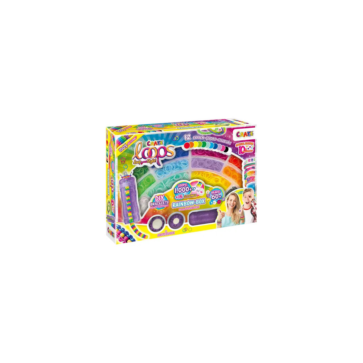 Bunte Loom Bands Bastelbox mit Bändern, Werkzeug und Fotos bastelnder Kinder auf der Vorderseite.
