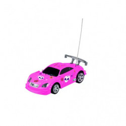 img_0:Kleines pinkes Spielzeugauto mit schwarzen Rädern, langer Antenne und einem Cartoon-Gesicht.