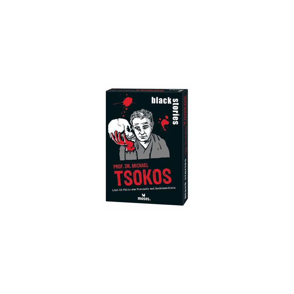 Black Stories Kartenspiel mit Illustration eines Mannes, der einen Schädel hält, und rotem "TSOKOS"-Schriftzug auf dem Cover.