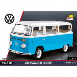img_0:Volkswagen T2b Bus Modellbausatz in Blau-Weiß mit Produktdetails und Logo auf der Vorderseite.