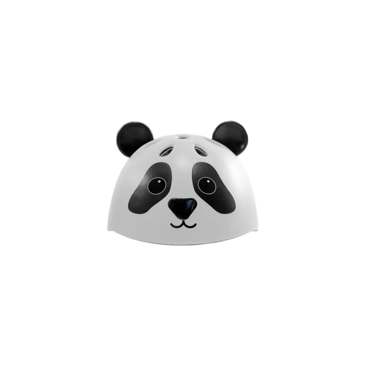 Helm in Weiß und Schwarz, gestaltet als Panda-Gesicht mit Ohren und freundlichem Lächeln.