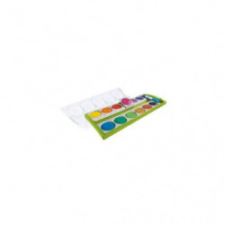 Ein Set bunter Aquarellfarben im Plastikkasten mit transparentem Deckel.