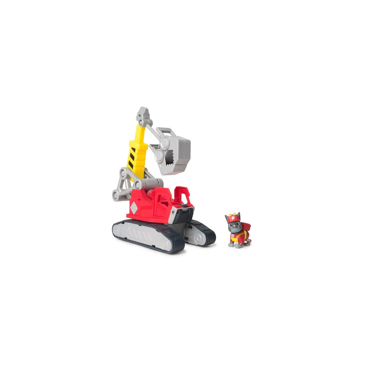 Roter und grauer Spielzeugbagger mit einer kleinen Hunde-Figur im roten Helm und Outfit daneben.