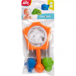img_0:ABC Baby-Badeset: Netz plus drei farbige Spielzeug-Meerestiere in Verpackung.