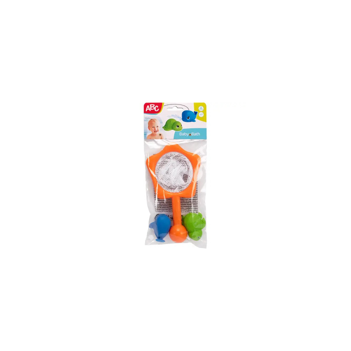 ABC Baby-Badeset: Netz plus drei farbige Spielzeug-Meerestiere in Verpackung.