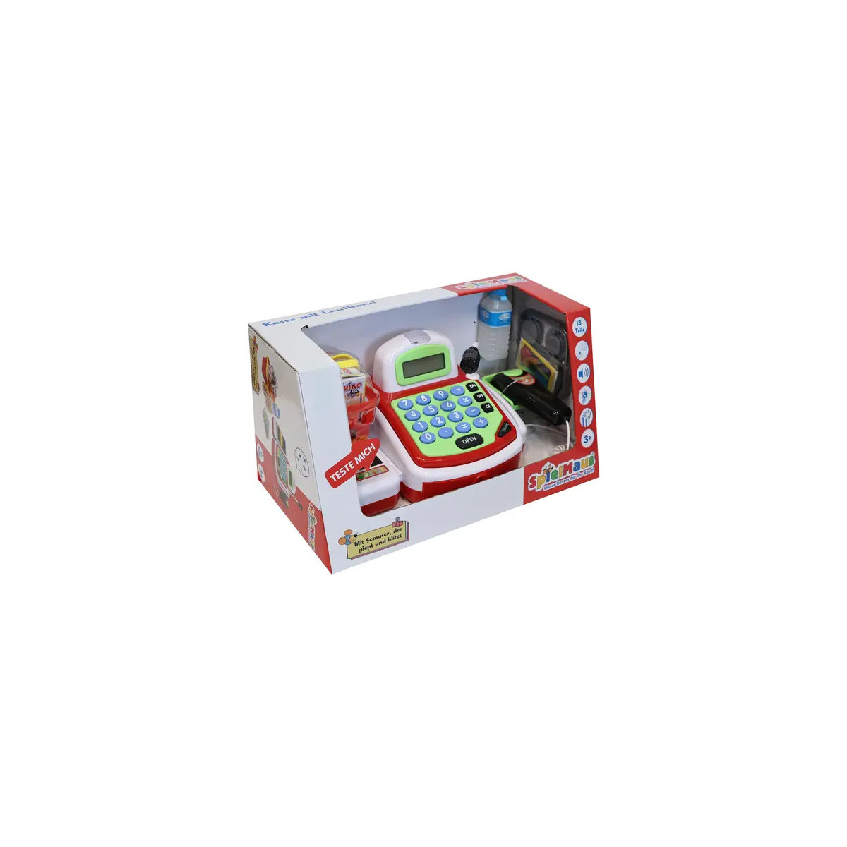 Spielkassen-Set in Box: Enthält Scanner, Spielgeld und Lebensmittel.