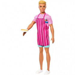 img_0:Puppe mit blonden Haaren, rosa gestreifter Schürze, weißem Schuhwerk und einem Teller mit Essen in der Hand.