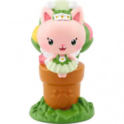 img_0:Eine rosa Katzenfigur im Maid-Kostüm sitzt in einem Blumentopf mit grünem Sockel.
