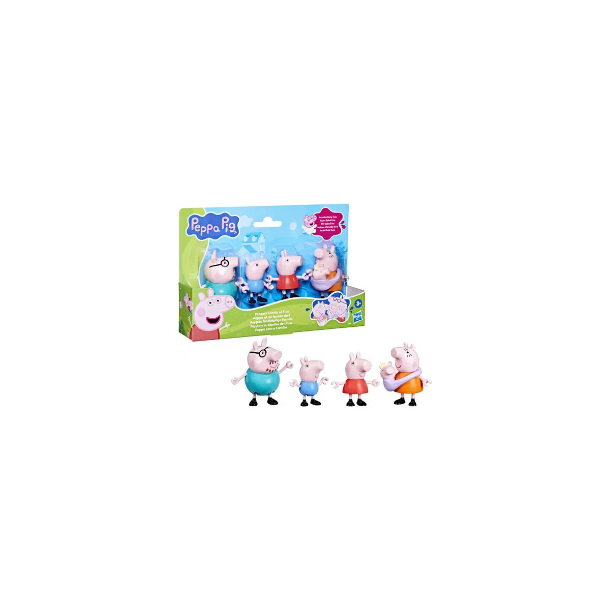 Peppa Pig Familienset mit vier Figuren und bunter Verpackung im Hintergrund.