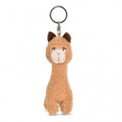 Plüsch-Lama-Schlüsselanhänger mit braunem Fell, kleinen Ohren und rundem Gesicht vor weißem Hintergrund.