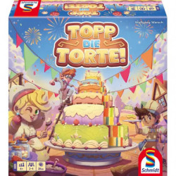 Die bunte Spielbox "Topp die Torte!" zeigt eine große Torte, Kinder und festliche Dekorationen.