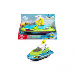 Spielzeug-Jetski mit Fahrer im weißen Helm vor seiner bunten Verpackung.