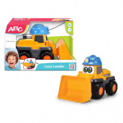 Gelber Spielzeuglader mit blauem Helm neben bunter Verpackung, die ein lachendes Kind zeigt.