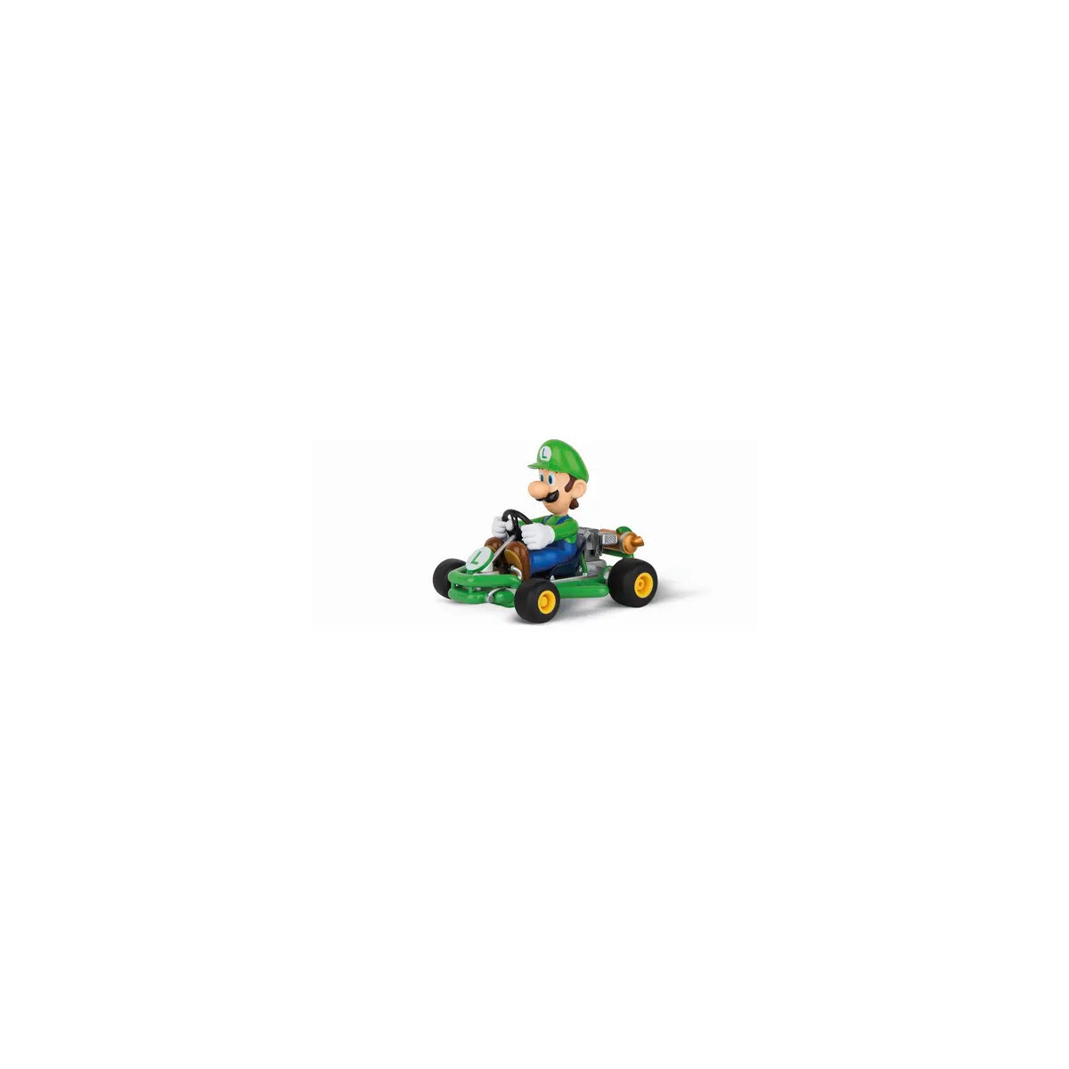 Luigi fährt im grünen Go-Kart mit seinem grünen Hut und blauer Latzhose aus Mario Kart.