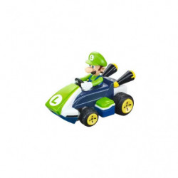 img_0:Luigi fährt in einem grün-blauen Gokart, beide Hände am Lenkrad, aus der Vogelperspektive betrachtet.