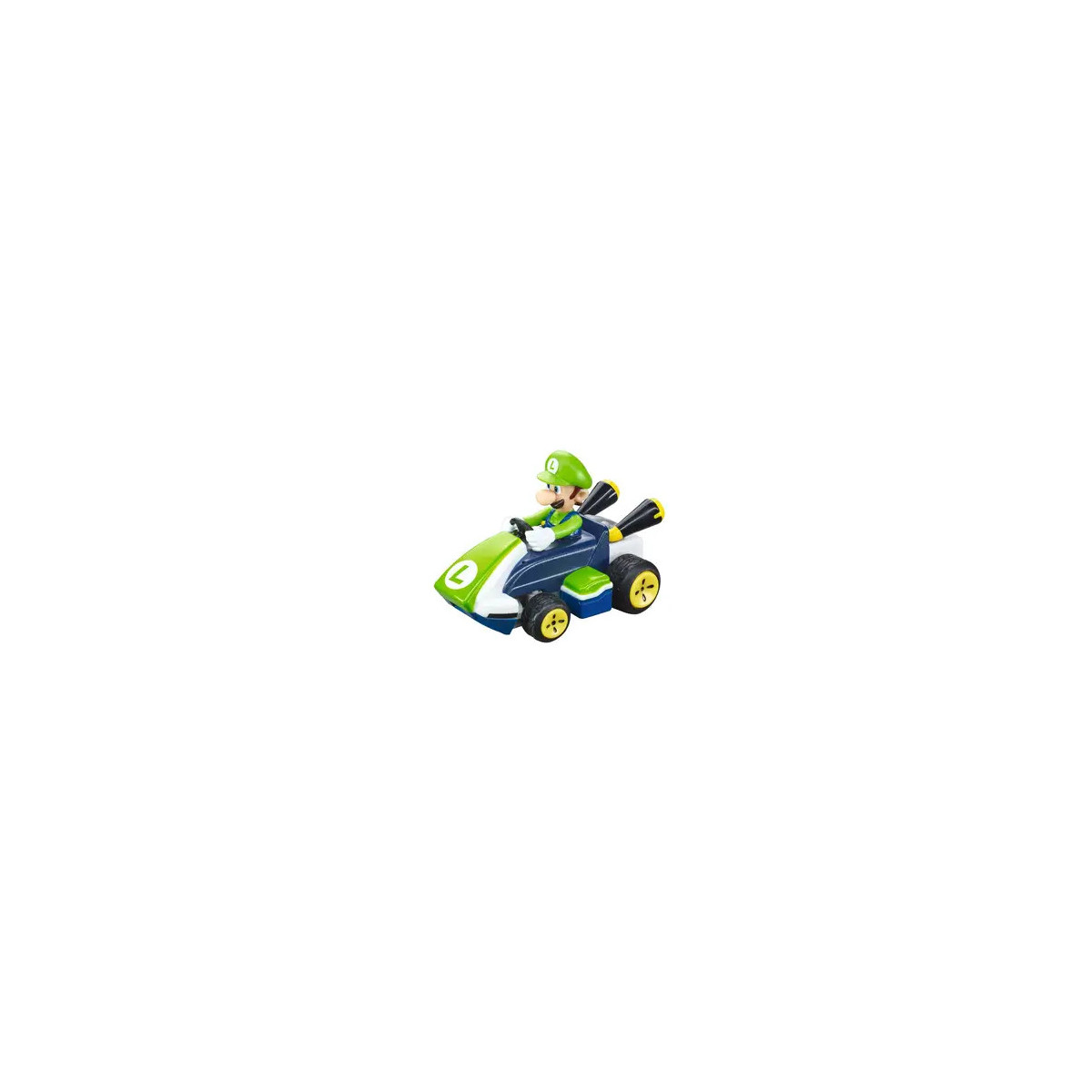 Luigi fährt in einem grün-blauen Gokart, beide Hände am Lenkrad, aus der Vogelperspektive betrachtet.