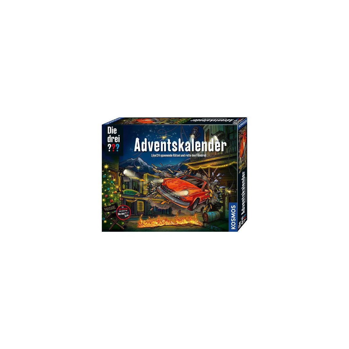 Die drei schönsten Adventskalender der Welt. Adventskalender mit Weihnachtsszene und rotem Auto vor geschmücktem Haus in Geschen