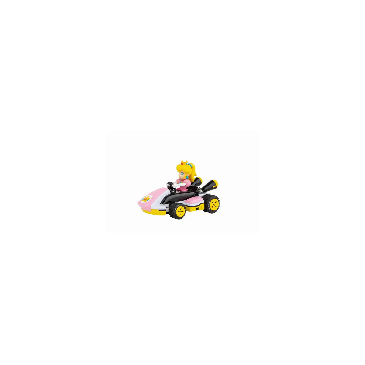 Prinzessin Peach fährt in einem pink-gelben Go-Kart; Spielfigur vor weißem Hintergrund.