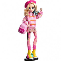 img_0:Modepuppe in pink gestreiftem Outfit, mit Barett, gelben Stiefeln und pinker Tasche auf Display-Sockel.