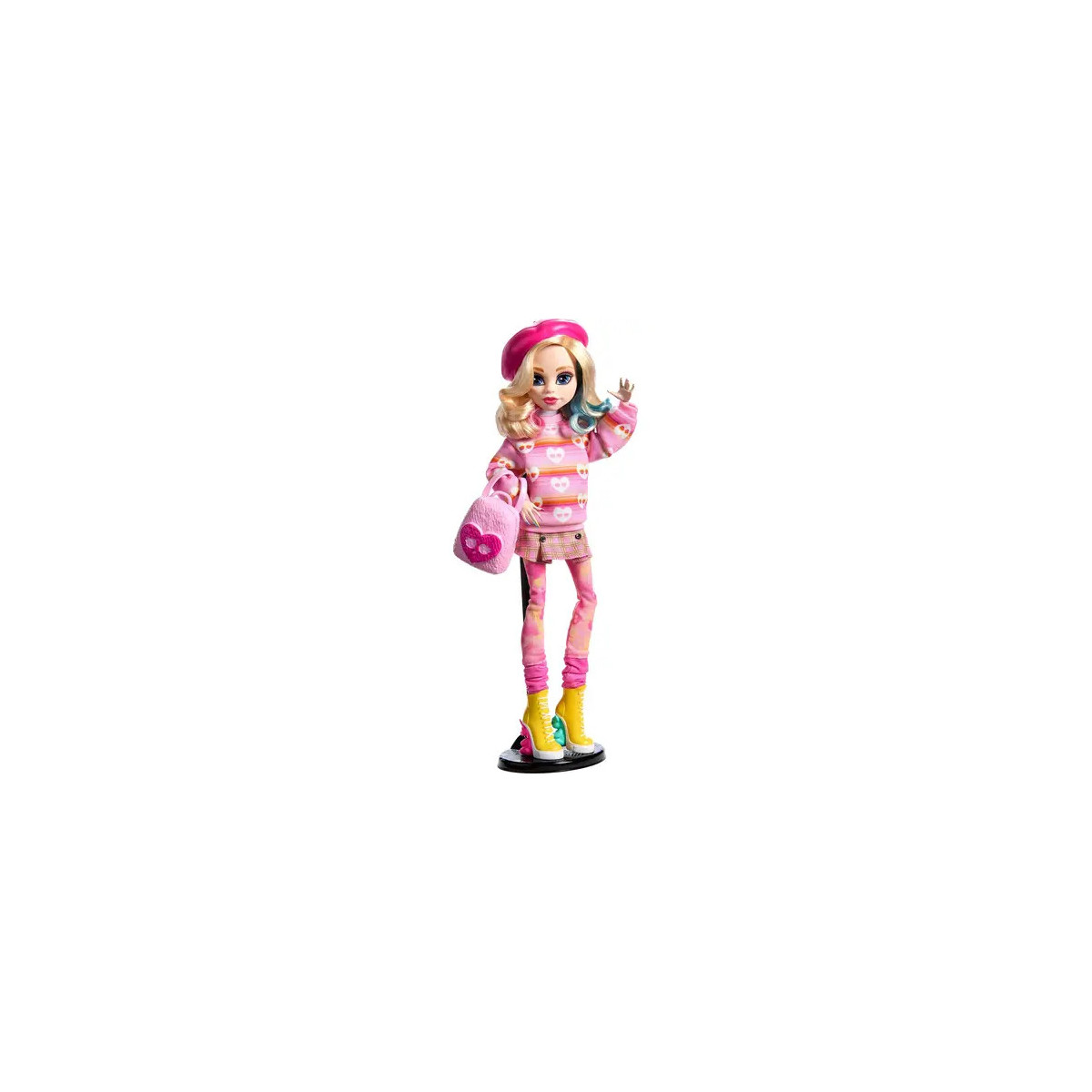 Modepuppe in pink gestreiftem Outfit, mit Barett, gelben Stiefeln und pinker Tasche auf Display-Sockel.