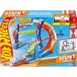 Hot Wheels Stunt Track Set mit buntem Parcours und Autos auf der Verpackung illustriert.