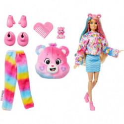 img_0:Barbie-Puppe mit bärchenfarbenem Outfit, Accessoires, Regenbogenhose, Tasche und pinken Schuhen.