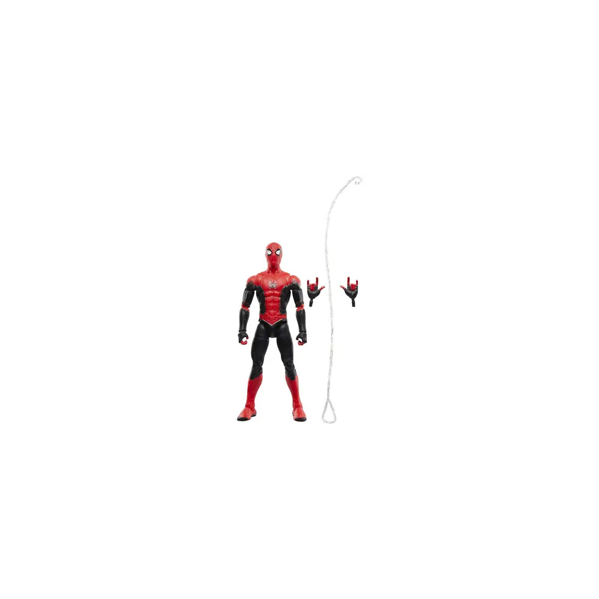 Spider-Man-Actionfigur mit abnehmbaren Netz-Zubehör und einer Extra-Hand auf weißem Hintergrund.