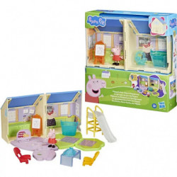 img_0:Peppa Pig Spielhaus-Set mit Figuren, Möbeln und Verpackung im Hintergrund ausgestellt.