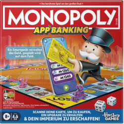 img_0:Monopoly App Banking: Brettspiel mit Mr. Monopoly, Smartphone, Karten und deutschem Text auf rotem Hintergrund.