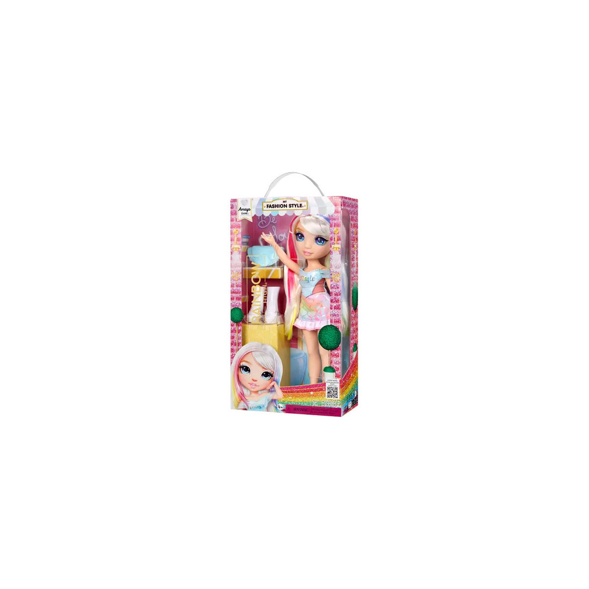 Modepuppe mit pink-blonden Haaren im Karton, farbigem Outfit, Schuhen und Zubehör.