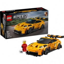 img_0:LEGO Speed Champions Set: Gelber Nissan GT-R mit Verpackung, Modellauto und Minifigur auf weißem Hintergrund.