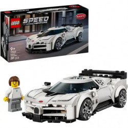 img_0:LEGO Speed Champions Bugatti Set mit weißem Sportwagen, Minifigur und Verpackung im Hintergrund.