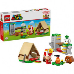 img_0:LEGO Super Mario Set mit Zelt, Lagerfeuer und Toad-Figur, Verpackung im Hintergrund.