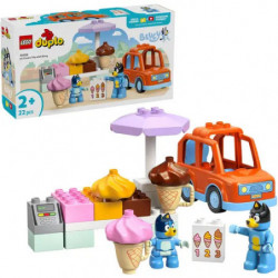img_0:LEGO-Eiswagen-Set mit Minifiguren, Eiswaffeln und Zubehör, Verpackung im Hintergrund.