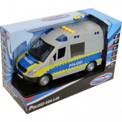 img_0:Spielzeug-Polizeiwagen in Blau-Gelb, präsentiert in Markenverpackung mit durchsichtigem Kunststofffenster.