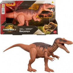 img_0:Baryonyx-Dinosaurierfigur aus der Jurassic World Kollektion, mit Verpackung im Hintergrund.