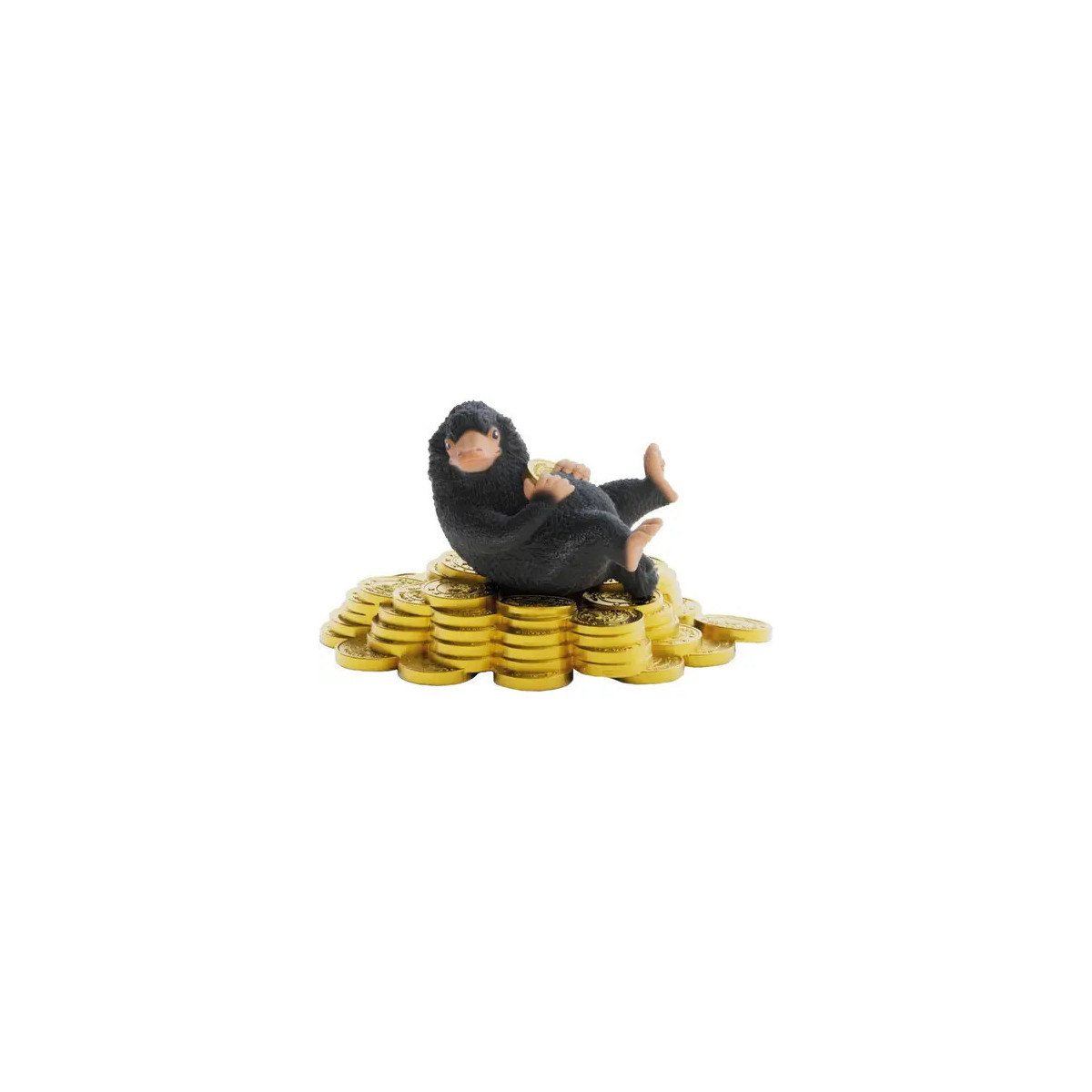 Ein kleines maulwurfartiges Wesen liegt auf Goldmünzen und hält eine Münze in den Pfoten.