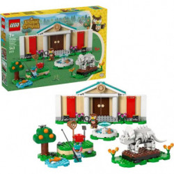 img_0:LEGO Animal Crossing Set mit Schachtel, Baum, Haus und Tierfiguren auf weißem Hintergrund ausgestellt.