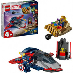 img_0:LEGO Marvel Set mit Box, kleinem goldenen Fahrzeug, Mini-Jet und Captain America Minifigur samt Zubehör.