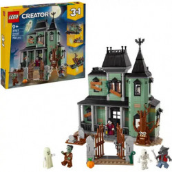 img_0:LEGO Creator 3-in-1 Spukhaus-Set mit Minifiguren, Geistern und Verpackung im Hintergrund.