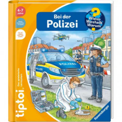 Kinderbuchcover mit Polizei, Polizeiauto, Ermittler und Tatort in einem Wohngebiet.