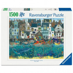 Ravensburger Puzzle mit 1500 Teilen zeigt auf der Verpackung eine bunte Illustration eines Küstendorfs.