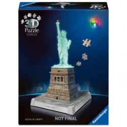 3D-Puzzlebox der Freiheitsstatue mit Leuchteffekt und schwebenden Puzzleteilen.