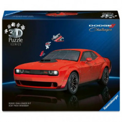 3D-Puzzlebox mit rotem Dodge Challenger auf der Vorderseite vor schwarzem Hintergrund.