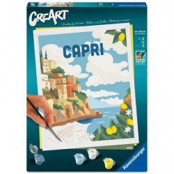 CreArt Malen-nach-Zahlen-Set mit Capri-Küstenmotiv: blauer Himmel, Meer und Häuser auf einer Klippe.