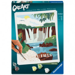 CreArt Malen-nach-Zahlen-Set mit Motiv: Hand malt eine Szene mit Wasserfall und Bäumen.
