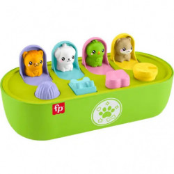 Grünes Spielzeug mit vier bunten Tierfiguren, die beim Drücken passender Knöpfe hervorspringen.