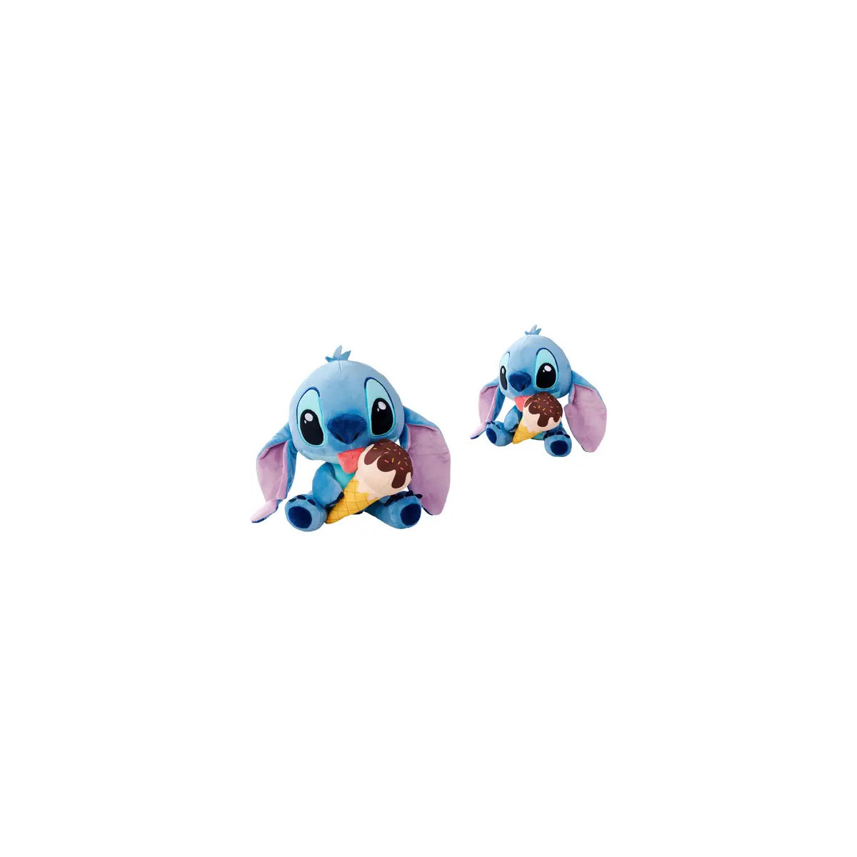 Zwei blaue Stitch-Plüschfiguren halten gefüllte Schokoladen-Eiswaffeln vor weißem Hintergrund.