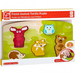 img_0:Box des Hape Forest Animal Tactile Puzzles mit illustrierten Tierteilen auf grünem Hintergrund.